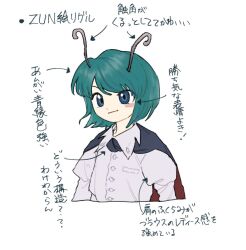  1girl antennae arrow_(symbol) blue_cape blue_eyes blush_stickers cape collared_shirt commentary_request cropped_torso facing_ahead green_hair juliet_sleeves kijima_(amayadori-tei) long_sleeves puffy_sleeves red_cape shirt short_hair simple_background smile touhou translation_request two-sided_cape two-sided_fabric white_background white_shirt wriggle_nightbug zun_(style) zun_pose 