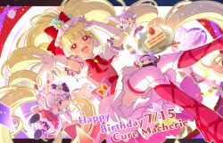  4girls absurdres aisaki_emiru arm_up birthday black_hairband blunt_bangs blurry blurry_background boots bow bowtie cake cake_slice cape character_name chibi clone commentary cone_hair_bun cure_amour cure_macherie double_bun dress earrings food fork frilled_skirt frilled_sleeves frills fruit gloves hair_bow hair_bun hairband hand_up happy_birthday heart high_heel_boots high_heels highres hugtto!_precure jewelry jitome knee_boots layered_dress layered_skirt long_hair looking_at_food looking_at_viewer looking_back magical_girl multiple_girls outstretched_arm pink_bow pink_dress pink_skirt plate pom_pom_(clothes) pom_pom_earrings precure puffy_short_sleeves puffy_sleeves purple_bow purple_hair purple_shoes red_boots red_bow red_bowtie red_cape red_eyes red_sash ribbon rice_rabbit22 ruru_amour sash shirt shoes short_hair short_sleeves sidelocks skirt strawberry thigh-highs twintails very_long_hair violet_eyes white_gloves white_shirt white_thighhighs yellow_hairband zettai_ryouiki 