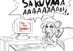 1girl 4chan bow clenched_hands computer_mouse cowboy_shot crying crying_with_eyes_open demon_wings desk drawfag english_text fangs furrowed_brow greyscale hat hat_bow highres mob_cap monitor monochrome remilia_scarlet screaming short_hair simple_background solo speech_bubble spot_color standing tears touhou white_background wings wrist_cuffs 