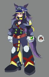  2girls absurdres agnes_tachyon_(umamusume) android animal_ears belt_around_waist black_hair black_jacket black_necktie breast_pocket breasts brown_hair chest_jewel cleavage_cutout clenched_hands closed_eyes clothing_cutout earrings fenomeno_(black_flames_of_the_righteous_spirit)_(umamusume) fenomeno_(umamusume) flipped_hair full_body grey_background hair_between_eyes hand_jewel hat high_collar highres horse_ears horse_girl horse_tail jacket jewelry joints large_breasts long_hair lueduar mega_man_(series) mega_man_x_(series) multicolored_hair multiple_girls necktie peaked_cap pocket purple_hair red_shirt robot robot_ears robot_girl robot_joints shirt simple_background single_earring smile striped_hat tail thumbs_up two-tone_hair umamusume violet_eyes wolf_cut 
