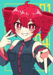  1girl ahoge aqua_background bright_pupils commentary_request detached_sleeves double_v drill_hair grey_shirt grin highres kasane_teto kasane_teto_(utau) looking_at_viewer pink_eyes pink_hair pink_nails pink_trim shirt sleeveless sleeveless_shirt smile solo tahanaexx triple_baka_(vocaloid) twin_drills upper_body utau v white_pupils 