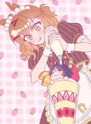  2girls ahoge animal_ears apron black_hair blush blush_stickers braid breasts brown_hair brown_shirt brown_skirt closed_eyes closed_mouth coco's food fruit fuji_kiseki_(umamusume) hair_between_eyes hair_ornament hairclip half_up_braid highres holding holding_pastry_bag horse_ears horse_girl jungle_pocket_(umamusume) medium_hair multicolored_hair multiple_girls notched_ear parfait pastry_bag shirt short_hair skirt smile strawberry tongue tongue_out umamusume waist_apron white_apron white_hair white_headdress white_wrist_cuffs wrist_cuffs yellow_eyes youngyangtang 