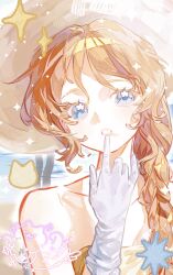  1girl animification bare_shoulders blue_eyes braid brown_hair brown_hat collarbone dress finger_to_mouth gloves hat head_tilt highres k-pop looking_at_viewer misamo new_look_(misamo) parted_lips real_life sana_(twice) solo sparkle strapless strapless_dress sun_hat teriri twice_(group) white_gloves 