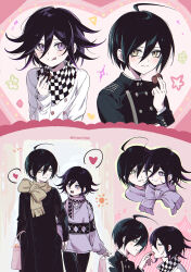  2boys ahoge alternate_costume black_hair black_pants blush bow brown_bow brown_eyes closed_mouth danganronpa_(series) danganronpa_v3:_killing_harmony ewa_(seraphhuiyu) hair_between_eyes heart highres jacket long_sleeves looking_at_viewer male_focus multiple_boys oma_kokichi open_mouth pants pink_scarf saihara_shuichi scarf scarf_bow short_hair smile spoken_heart sweater 