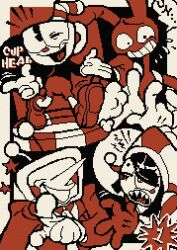  1girl 3boys 9aaaalt29 animal_ears ant_tenna commentary cuphead cuphead_(game) deltarune english_text flying_sweatdrops furry furry_male hat highres jax_(the_amazing_digital_circus) jester_cap looking_at_another monochrome multiple_boys one_eye_closed open_mouth pixel_art pointing pointing_at_viewer pomni_(the_amazing_digital_circus) rabbit_boy rabbit_ears red_theme sharp_teeth speech_bubble teeth the_amazing_digital_circus tongue untranslatable_commentary upper_teeth_only utdr_(toby_fox) 