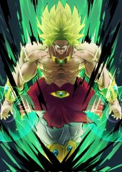  1boy aura broly_(dragon_ball_z) dragon_ball dragon_ball_z gamr1p green_background green_hair highres male_focus muscular muscular_male smirk solo topless_male 
