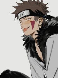  1boy :p black_fur black_pants blush brown_hair commentary english_commentary facial_mark fang forehead_protector fur-trimmed_jacket fur_trim grey_background grey_jacket headband highres inuzuka_kiba jacket konohagakure_symbol looking_at_viewer male_focus naruto_(series) naruto_shippuuden pants short_hair sitting solo tongue tongue_out uikaposting 