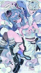  1girl black_boots blue_hair blue_nails boots chinese_commentary commentary_request fang frilled_hairband frilled_straps frills hair_ornament hairband hairclip halo hand_on_own_chest hat hatsune_miku highres jewelry kneehighs long_hair open_mouth ring skirt socks solo striped_clothes striped_socks tank_top taowu_(20809) twintails vocaloid watermark weibo_watermark white_hair white_skirt white_tank_top white_wings wings 