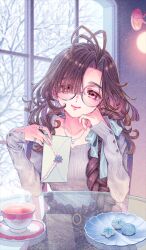  1girl after_time_valentine_2026 black_skirt blush braid braided_ponytail breasts brown_eyes brown_hair cup envelope fate/grand_order fate_(series) glasses grey_sweater hair_over_one_eye jewelry long_hair long_sleeves looking_at_viewer necklace official_art ono_no_komachi_(fate) round_eyewear skirt small_breasts smile solo sweater table tea teacup very_long_hair yuuinami 