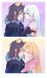  3girls absurdres animal_ears blonde_hair blue_eyes blue_hoodie blueiseul blush cho_kaguya-hime! closed_eyes closed_mouth commentary_request crescent crescent_hair_ornament fox_ears green_eyes hair_ornament highres hood hoodie japanese_clothes kaguya_(cho_kaguya-hime!) kimono long_hair medium_hair multicolored_eyes multiple_girls off_shoulder parted_lips pink_kimono purple_hair purple_kimono runami_yachiyo sakayori_iroha smile tears thick_eyebrows two-tone_eyes violet_eyes white_hair yuri 