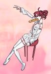  1girl abstract_background ahoge alternate_color arm_up baguette boots bread collared_shirt commentary detached_sleeves drill_hair empty_eyes expressionless food food_in_mouth full_body head_tilt highres kasane_teto looking_at_viewer looking_to_the_side on_stool outstretched_arm pink_background red_eyes redhead shirt shoulder_tattoo sitting skirt sleeveless sleeveless_shirt solo stool tattoo thigh_boots twin_drills uotak utau v white_footwear white_shirt white_skirt white_sleeves 