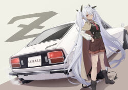  1girl absurdly_long_hair alternate_costume black_boots black_socks black_sweater blue_archive boots brown_cloak brown_shorts cloak collared_shirt commentary_request dark-skinned_female dark_skin demon_girl demon_tail hair_over_one_eye highres iori_(blue_archive) kimagurain long_hair necktie nissan_fairlady_z parted_lips pointy_ears red_necktie shirt shorts smile socks solo sweater tail twintails very_long_hair white_shirt 