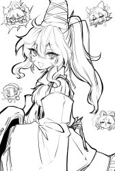  5girls :d chibi chibi_inset commentary_request drill_hair drill_sidelocks efukei greyscale hair_rings hat hat_ribbon highres jiangshi kaku_seiga lightning_bolt_symbol long_hair long_sleeves looking_at_viewer miyako_yoshika monochrome mononobe_no_futo multiple_girls newsboy_cap open_mouth pointy_hair pom_pom_(clothes) ponytail ribbon sharp_teeth sidelocks simple_background smile soga_no_tojiko solo_focus tate_eboshi teeth ten_desires touhou toyosatomimi_no_miko v-shaped_eyebrows wide_sleeves 