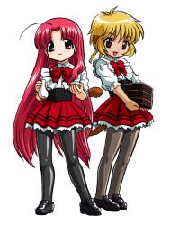  2girls ahoge bandabekken black_shoes blonde_hair bow bowtie box braid bronze_parrot brown_eyes choko_(cup) closed_mouth crossover cummerbund cup fong_pudding frilled_shirt frills full_body holding holding_box holding_cup holding_pitcher loafers long_hair looking_at_viewer medium_hair miniskirt monkey_tail multiple_girls open_mouth pantyhose pink_eyes pink_hair pitcher_(container) pleated_skirt red_bow red_bowtie red_skirt saru_no_momo shirt shoes simple_background skirt smile standing tail tenshi_no_shippo tenshi_no_shippo_chu! tokyo_mew_mew twin_braids very_long_hair waitress white_background white_shirt 
