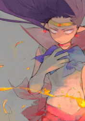  1girl bishoujo_senshi_sailor_moon blue_bow blue_bowtie bow bowtie commentary earrings fire floating freckles gloves highres hino_rei jewelry long_hair magical_girl pointy_ears red_sailor_collar sailor_collar sailor_mars sailor_senshi_uniform saliva single_tear solo star_(symbol) star_earrings umezawa_michiko white_gloves 