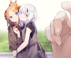  2girls abigail_williams_(fate) abigail_williams_(traveling_outfit)_(fate) absurdres alternate_costume black_bow black_shirt blonde_hair blue_eyes blush bow breasts candy chocolate chocolate_bar commentary_request daisi_gi fate/grand_order fate_(series) food forehead grey_overalls grey_skirt hair_bow hair_bun highres hooded_shirt horns hug lavinia_whateley_(fate) long_hair long_sleeves multiple_girls orange_bow overalls parted_bangs pointing pointing_at_self pov shirt short_sleeves single_horn skirt small_breasts violet_eyes white_hair wide-eyed 