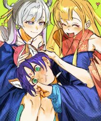  3girls :t @_@ animal_ears bare_shoulders blonde_hair blue_eyes blush cho_kaguya-hime! closed_eyes collarbone commentary english_commentary fox_ears green_eyes hair_ornament hair_rings hair_stick hand_on_another's_head heart highres japanese_clothes kaguya_(cho_kaguya-hime!) lap_pillow long_hair long_sleeves looking_at_another looking_down lop_rabbit_ears multicolored_eyes multicolored_hair multiple_girls pink_eyes pink_hair rabbit_ears runami_yachiyo sakayori_iroha smile tdinhphung two-tone_hair white_hair yuri 