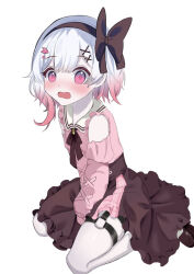  1girl bare_shoulders between_legs blush bow bow_hairband brooch brown_bow brown_hairband brown_ribbon brown_shoes brown_skirt center-flap_bangs clothing_cutout commentary_request cross-laced_clothes cross-laced_sleeves double-parted_bangs embarrassed frilled_skirt frilled_sleeves frills full_body garter_straps gradient_hair hair_ornament hairband hanahana_201215 hand_between_legs highres jewelry jirai_kei juliet_sleeves long_sleeves looking_at_viewer mahou_shoujo_no_majo_saiban miniskirt multicolored_hair neck_ribbon nose_blush o-ring o-ring_thigh_strap official_alternate_costume open_mouth pale_skin pantyhose pink_eyes pink_hair pink_shirt plaid_clothes plaid_skirt puffy_sleeves ribbon sailor_collar sakuraba_ema shirt shoes short_hair shoulder_cutout simple_background sitting skindentation skirt solo thigh_strap two-tone_hair two-tone_skirt wariza white_background white_hair white_pantyhose white_sailor_collar wide-eyed x_hair_ornament 