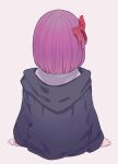  1girl aged_down black_coat bob_cut bow child coat commentary_request facing_away fern_(sousou_no_frieren) from_behind grey_background hair_bow highres hood hood_down hooded_coat long_sleeves purple_hair red_bow short_hair simple_background sitting solo sousou_no_frieren upper_body valentine_(02140314c) 