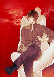  1boy angry black_hair black_shoes choutsugai_shirou cigarette collared_shirt giant_hand hand_tattoo highres holding holding_cigarette kurosawa_(adelta) male_focus official_art orange_eyes pants red_background shirt shoes smoke tattoo uuultra_c 