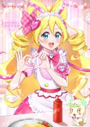  1girl absurdres arm_warmers azuma_rui bare_shoulders beads blonde_hair blue_eyes blush bow bow-shaped_hair bow_choker choker collarbone commentary_request crop_top cure_idol drill_hair earrings four-finger_heart_hands hair_beads hair_between_eyes hair_ornament hair_ribbon hairband headset heart heart_earrings heart_hair_ornament heart_hands highres idol idol_clothes idol_heart_brooch_(precure) idol_heart_incom jewelry kimi_to_idol_precure long_hair looking_at_viewer magical_girl multicolored_hair multiple_earrings open_mouth pink_bow pink_hair pink_nails pink_ribbon pink_shirt plaid_bow precure puffy_short_sleeves puffy_sleeves purirun_(fairy)_(precure) ribbon sakura_uta_(precure) scrunchie shirt shirt_bow short_sleeves smile stomach streaked_hair teeth twintails two-tone_hair upper_teeth_only white_hairband 