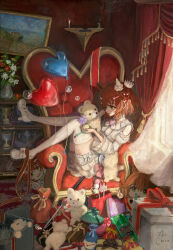  1girl animal_ears aston_machan_(umamusume) blush brown_hair clothing_cutout commentary crown doll dress ear_covers green_eyes high_heels highres holding holding_stuffed_toy horse_ears horse_girl mini_crown open_mouth shoes short_hair short_shorts shorts shorts_under_dress shoulder_cutout single_ear_cover solo stuffed_animal stuffed_toy suke_omi teddy_bear thigh-highs umamusume white_dress white_shoes white_shorts white_thighhighs 