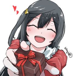  1girl :d ^_^ blush box closed_eyes commentary contrast_collar facing_viewer foreshortening frilled_shirt_collar frills gift gift_box heart holding holding_gift incoming_gift kurohitsuji_(akiyamasheep) long_sleeves love_live! love_live!_nijigasaki_high_school_idol_club open_mouth outstretched_arms red_ribbon red_shirt ribbon shirt signature smile solo yuki_setsuna 