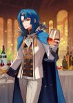  1boy absurdres alcryst_(fire_emblem) ascot asymmetrical_hair blue_hair bottle cape closed_mouth cup drinking_glass fire_emblem fire_emblem_engage gloves hair_between_eyes hair_ornament hairclip high_collar highres holding looking_at_viewer male_focus red_eyes short_hair smile solo standing table teo_(telo_ruka) white_ascot white_gloves wine_bottle wine_glass 