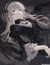  1girl artist_name black_collar black_dress black_wings collar dark_background detached_collar doll doll_joints dress expressionless flower flower_on_chest flower_ornament hairband hashtag-only_commentary highres joints lilium_(lilydisease) long_hair long_sleeves purple_flower red_eyes ribbon rozen_maiden suigintou white_hair wings 