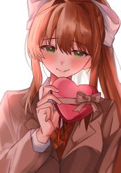  1girl blush box_of_chocolates brown_hair doki_doki_literature_club female gift green_eyes hair_bow hair_intakes hair_ornament happy_valentine heart-shaped_box heart-shaped_chocolate holding holding_gift light_blush light_skin looking_at_viewer monika_(doki_doki_literature_club) nerunemuteto ponytail school_uniform smile smiling_at_viewer solo solo_focus tied_hair uniform upper_body valentine 