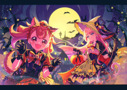  2girls animal_ears bat_(animal) black_cape black_dress black_gloves black_hat blonde_hair blue_eyes bow bowtie broom brown_hair building cape claw_pose commentary dress earrings fangs full_moon gloves half-closed_eyes halloween halloween_bucket halloween_costume hat highres holding holding_broom inukai_komugi jack-o'-lantern_brooch jewelry layered_dress letterboxed long_hair medium_dress moon multiple_girls nekoyashiki_yuki night open_mouth orange_bow orange_bowtie orange_cape outdoors precure puffy_short_sleeves puffy_sleeves red_eyes rice_rabbit22 scar scar_on_face short_sleeves silk smile spider_web split_ponytail star_(symbol) tail two-sided_cape two-sided_fabric wind witch_hat wolf_ears wolf_tail wonderful_precure! 