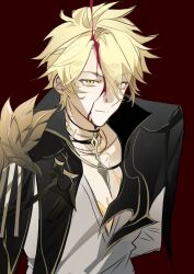  1boy absurdres alternate_costume blonde_hair chinese_commentary commentary_request cracked_skin dripping highres honkai:_star_rail honkai_(series) jacket jacket_on_shoulders looking_at_viewer male_focus phainon_(honkai:_star_rail) phainon_(khaslana)_(honkai:_star_rail) shirt short_hair solo spiky_hair uu96621667 white_shirt yellow_eyes 