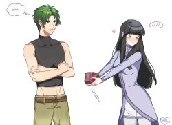  >_< 1boy 1girl astrid_(fire_emblem) black_hair candy casual chocolate closed_eyes commission commissioner_upload crossed_arms embarrassed english_text fire_emblem fire_emblem:_radiant_dawn food gift green_hair heart heart-shaped_chocolate heart-shaped_food highres holding holding_gift ko-fi_commission long_hair non-web_source outstretched_arms pomme_(lazzledazzle) shirt sleeveless sleeveless_shirt sothe_(fire_emblem) valentine wavy_mouth 