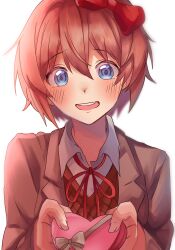 1girl blue_eyes blush box_of_chocolates doki_doki_literature_club female gift happy_valentine heart-shaped_box heart-shaped_chocolate holding holding_gift light_blush light_skin looking_at_viewer nerunemuteto open-mouth_smile open_smile pink_hair sayori_(doki_doki_literature_club) school_uniform short_hair smile smiling_at_viewer solo solo_focus teeth uniform upper_body upper_teeth valentine