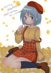  arm_support autumn_leaves beret black_socks blue_eyes blue_hair blush boots brown_footwear brown_sweater dated falling_leaves full_body ginkgo_leaf hachusan111 hat kneehighs leaf mahou_shoujo_madoka_magica miki_sayaka parted_lips plaid plaid_skirt red_headwear short_hair sitting skirt socks sweater twitter_username wariza 