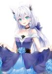  1girl ahoge aisu_(icicleshot) animal_ear_fluff animal_ears blue_bow blue_dress bow braid breasts clothes_lift commentary_request dress dress_lift fox_ears fox_girl green_eyes hair_between_eyes hair_bow highres hololive long_hair looking_at_viewer open_mouth shirakami_fubuki sidelocks simple_background single_braid sleeveless sleeveless_dress small_breasts smile solo strapless strapless_dress virtual_youtuber white_background white_hair 