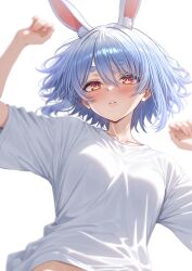  1girl animal_ear_fluff animal_ears blue_hair blush breasts commentary_request extra_ears highres hikimayu hololive looking_at_viewer lying medium_breasts nyarurato0debu on_back parted_lips rabbit-shaped_pupils rabbit_ears rabbit_girl red_eyes shirt short_eyebrows short_hair simple_background solo symbol-shaped_pupils t-shirt thick_eyebrows usada_pekora virtual_youtuber white_background white_shirt 