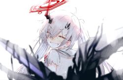  1girl 909_(reverseblue) ahoge asymmetrical_horns black_horns closed_eyes double_halo dress gradient_horns grey_hair grin hair_between_eyes halo highres horns long_hair looking_at_viewer multicolored_horns nixta0x0 red_halo red_horns reverseblue_x_re-birthend sailor_collar smile solo torn_clothes twintails white_dress 
