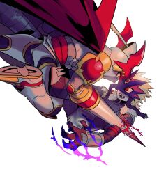  2boys armor battle beelzebumon black_jacket black_pants blonde_hair blood blue_skin cape colored_skin commentary_request demon_boy digimon digimon_(creature) dukemon eye_mask helmet highres holding holding_polearm holding_weapon jacket korean_commentary lance male_focus mask multiple_boys pants polearm red_cape red_eyes rode3434 short_hair simple_background third_eye weapon white_armor white_background white_helmet 