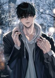  2026 2boys alien_stage artist_name birthday black_eyes black_hair black_jacket brown_hat city commentary earrings english_commentary english_text grey_eyes grey_hoodie hat highres holding holding_hands holding_phone hood hoodie ivan_(alien_stage) jacket jacket_over_hoodie jewelry multiple_boys phone red_pupils ring short_hair smile solo_focus spoken_character till_(alien_stage) tina15668 very_short_hair 