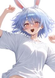  1girl animal_ear_fluff animal_ears blue_hair blush breasts candy chocolate commentary_request extra_ears food food_in_mouth heart heart-shaped_chocolate heart-shaped_food highres hikimayu hololive looking_at_viewer lying medium_breasts mouth_hold nyarurato0debu on_back rabbit-shaped_pupils rabbit_ears rabbit_girl red_eyes shirt short_eyebrows short_hair simple_background solo symbol-shaped_pupils t-shirt thick_eyebrows usada_pekora virtual_youtuber white_background white_shirt 