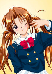  1girl :p akichin_(atelier_baguri) arm_behind_back blue_jacket bow bowtie brown_background brown_hair buttons closed_mouth collared_shirt double-breasted hand_up jacket long_hair looking_at_viewer one_eye_closed pleated_skirt red_bow red_bowtie sakuya_(sister_princess) school_uniform shirt sister_princess skirt solo tongue tongue_out twintails upper_body violet_eyes white_shirt white_skirt 