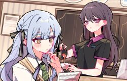  2girls bang_dream! bang_dream!_it's_mygo!!!!! black_hair black_ribbon black_shirt blue_hair blush brown_sweater_vest chinese_commentary closed_mouth collared_shirt commentary_request cup diagonal-striped_clothes diagonal-striped_necktie hair_between_eyes hair_ribbon haneoka_school_uniform holding holding_cup indoors kyou_039 long_hair multiple_girls necktie parted_lips ribbon school_uniform sheet_music shiina_taki shirt short_sleeves sidelocks striped_clothes sweater_vest togawa_sakiko violet_eyes yellow_eyes 