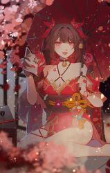  1girl bare_shoulders bell black_choker black_gloves black_hair breasts brown_hair choker detached_sleeves dress fox_mask gloves highres honkai:_star_rail honkai_(series) long_hair looking_at_viewer mask mask_on_head neck_bell open_mouth pink_eyes red_dress smile solo sparkle_(honkai:_star_rail) tran_(traannahh) twintails 