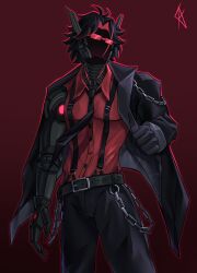  1boy belt black_gloves black_hair black_jacket black_necktie chain character_request collared_shirt colored_inner_hair contrapposto cowboy_shot fake_alex fang glasses gloves highres jacket magazine_(object) male_focus mechanical_arms multicolored_hair necktie outline pressure_(roblox) red_outline red_shirt shirt short_hair single_mechanical_arm skin_fang solo suspenders textless_version 