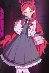  1girl absurdres animal_charm bag bag_charm black_gloves black_hairband black_ribbon blue_archive brooch charm_(object) commentary_request cowboy_shot curly_sidelocks d_(delt4) dark_background dress facing_viewer fluffy_hair frilled_dress frills fur-trimmed_sleeves fur_trim gloves grey_dress hair_behind_ear hair_ribbon hairband halo handbag highres indoors jacket jewelry knees light_blush long_hair long_sidelocks long_sleeves looking_to_the_side medium_dress middle_part neck_ribbon open_clothes open_jacket pantyhose parted_bangs parted_lips pillar pink_bag quilted_bag rabbit_charm red_hair red_halo ribbon sidelocks solo standing straight-on takane_(blue_archive) twirling_hair very_long_hair white_jacket white_pantyhose yellow_eyes 