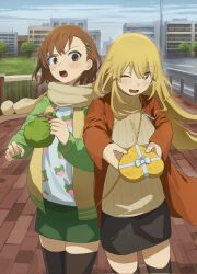  2girls ;d animal_print asymmetrical_bangs black_skirt black_thighhighs blonde_hair box box_of_chocolates brown_coat brown_eyes brown_hair brown_scarf brown_sweater candy chocolate coat commission food frog_print green_jacket green_skirt heart heart-shaped_box heart-shaped_chocolate heart-shaped_food highres incoming_gift jacket long_hair looking_at_viewer medium_hair misaka_mikoto multicolored_jacket multiple_girls one_eye_closed outdoors pencil_skirt ribbed_sweater scarf shokuhou_misaki skirt smile star-shaped_pupils star_(symbol) sweater symbol-shaped_pupils tatararashi thigh-highs toaru_kagaku_no_railgun toaru_majutsu_no_index two-tone_jacket valentine yellow_eyes yellow_jacket 