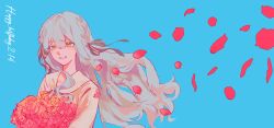  1girl absurdres bang_dream! bang_dream!_it's_mygo!!!!! blue_background blue_hair bouquet commentary dated falling_petals flower geosmichi77 happy_birthday highres long_hair long_sleeves looking_at_viewer petals red_flower red_rose rose rose_petals shirt smile solo togawa_sakiko white_shirt wind yellow_eyes 