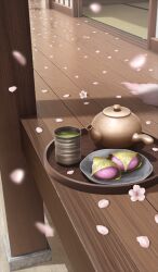  after_time_valentine_2026 architecture cherry_blossoms commentary_request cup drink east_asian_architecture falling_petals fate/grand_order fate_(series) food food_focus green_tea lantern2015 mochi no_humans official_art outdoors petals pink_petals plate sakura_mochi shouji side_handle_teapot sliding_doors still_life tatami tea teapot third-party_source wagashi wind yunomi 
