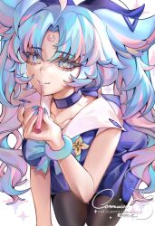  1girl aegyo_sal animal_ears applying_lipstick applying_makeup applying_own_makeup black_thighhighs blue_choker blue_dress blue_eyes blue_hair blue_nails bracelet choker collarbone commentary commission cosmetics cowboy_shot crescent crescent_facial_mark doe-foot_applicator dress english_commentary facial_mark fingernails forehead_mark green_eyes highres jewelry kurase_usagiri lipstick long_hair looking_at_viewer makeup multicolored_eyes multicolored_hair nail_polish original parted_bangs parted_lips pink_hair pink_lips sleeveless sleeveless_dress solo thigh-highs two-tone_eyes two-tone_hair vgen_commission watermark white_background 